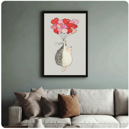 Whimsical black-framed poster of a rosy-cheeked hedgehog holding heart balloons, displayed above a neutral linen sofa on a sage green wall