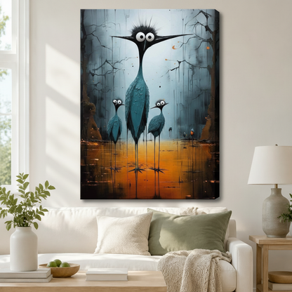 Stretched canvas whimsical dark art heron family wall art featuring a lanky teal heron with a spiky black crown and oversized googly eyes standing over two wide-eyed chicks on ultra-thin legs against a dramatic cracked blue-gray and burnt orange background, hung above a white sofa in a bright living room