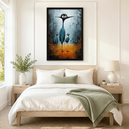 Black framed whimsical dark art heron family canvas art with a tall lanky teal heron with wild spiky black hair and oversized googly eyes flanked by two curious wide-eyed chicks on long thin legs against a dramatic cracked blue-gray and amber textured background, hung above a light wood bed with white linen bedding and a sage green throw