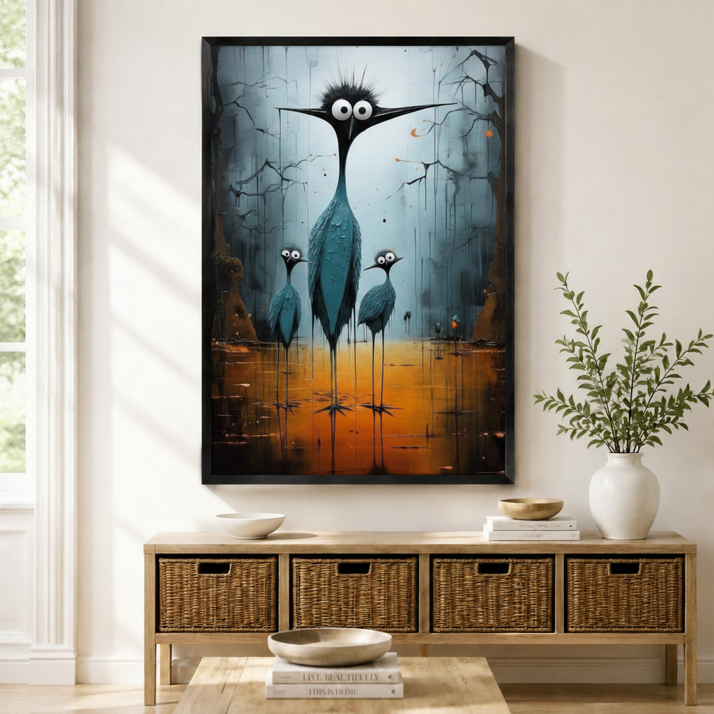 Black framed whimsical dark art heron family canvas art with a tall teal heron with wild spiky hair and googly eyes flanked by two smaller chicks on long thin legs against a cracked moody blue-gray and amber background, displayed above a rattan storage console in