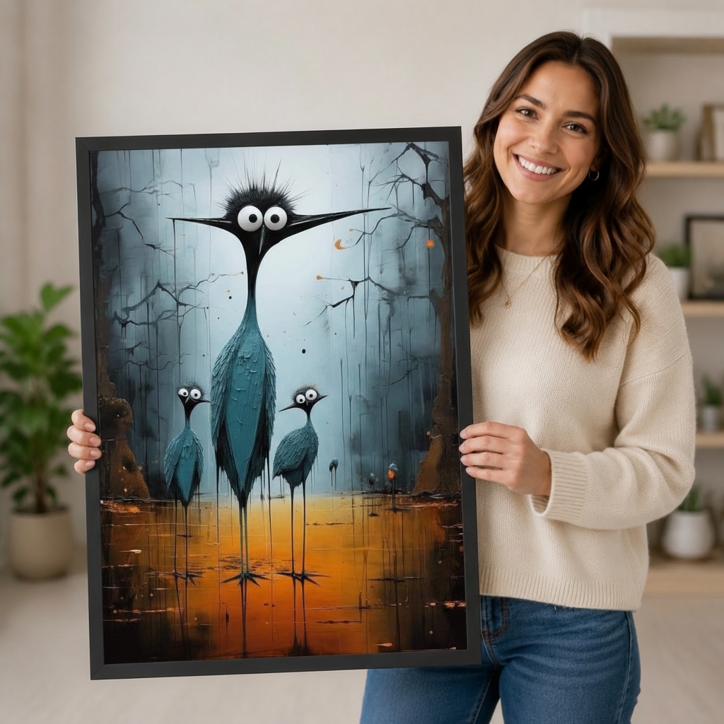 Smiling woman holding a large black framed whimsical dark art heron family canvas art print with a tall spiky-haired teal heron with googly eyes and two small chicks on thin legs against a moody cracked blue-gray and burnt orange background