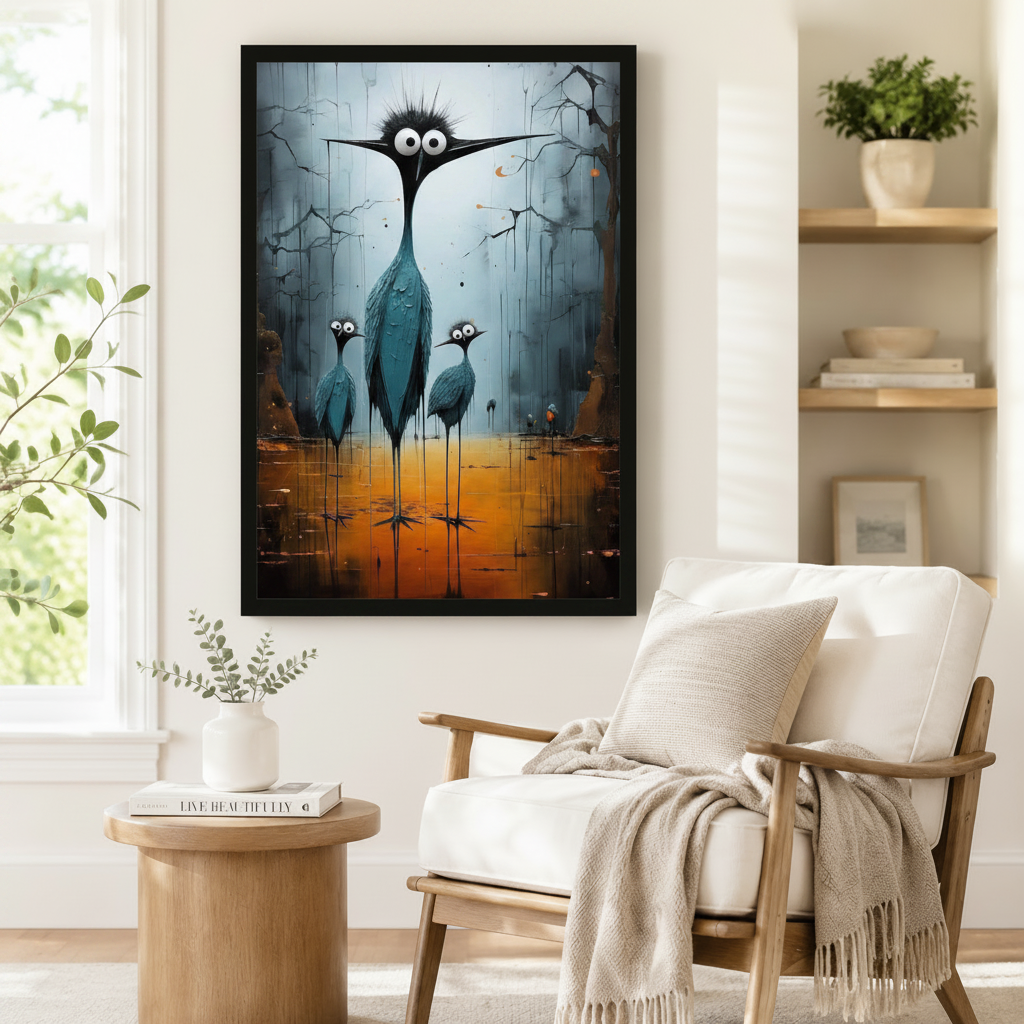 Black framed whimsical dark art heron family canvas art showing a quirky tall teal heron with spiky hair and cartoon googly eyes with two small wide-eyed chicks on spindly legs against a textured cracked stormy blue and amber background, displayed beside a white linen armchair in a cozy reading nook