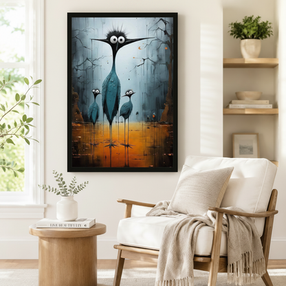 Black framed whimsical dark art heron family canvas art showing a quirky tall teal heron with spiky hair and cartoon googly eyes with two small wide-eyed chicks on spindly legs against a textured cracked stormy blue and amber background, displayed beside a white linen armchair in a cozy reading nook