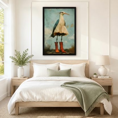 Black framed vintage whimsical heron in red lace-up boots and ruffled skirt wall art print hung above a light oak bed with white bedding and sage green throw in a minimalist bedroom