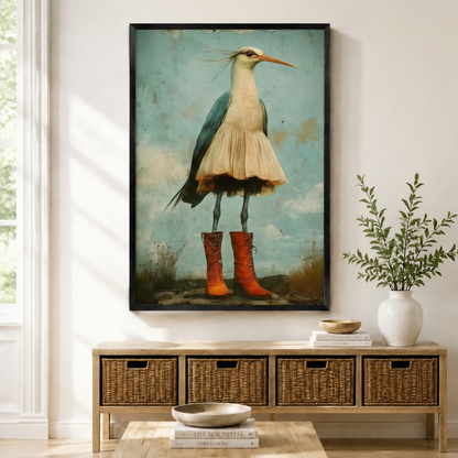 Black framed whimsical heron wearing red lace-up boots and cream skirt vintage wall art print displayed above a rattan storage console in a bright entryway