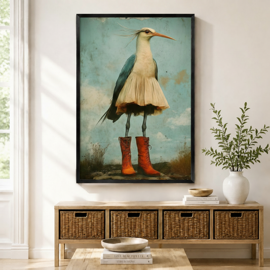 Black framed whimsical heron wearing red lace-up boots and cream skirt vintage wall art print displayed above a rattan storage console in a bright entryway