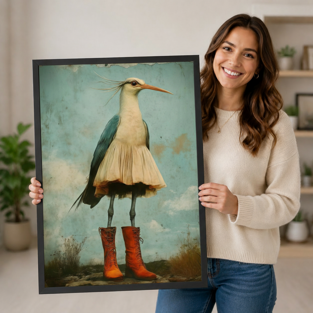 Smiling woman in cream sweater holding a large black framed whimsical heron wearing red boots and cream skirt vintage wall art print in a bright home interior