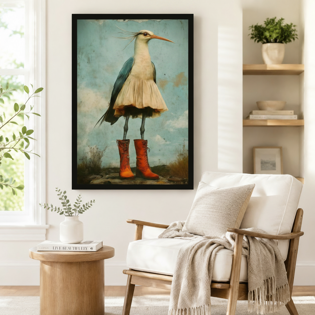 Black framed dressed heron in red lace-up boots vintage art print on white wall beside a white linen armchair and round wood side table in a cozy reading corner
