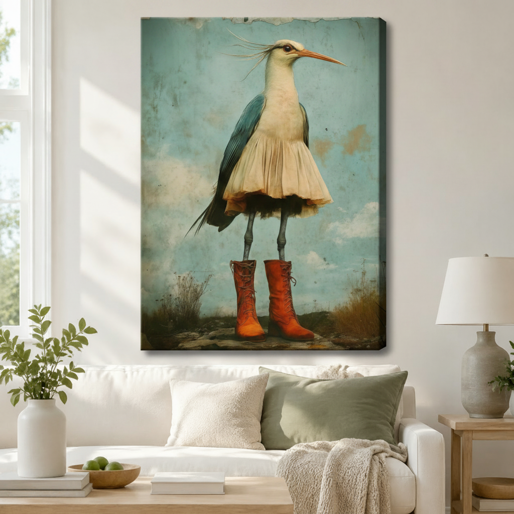 Stretched canvas whimsical heron in red boots and ruffled skirt vintage-style wall art hung above a white sofa with sage green cushions in a Scandinavian living room
