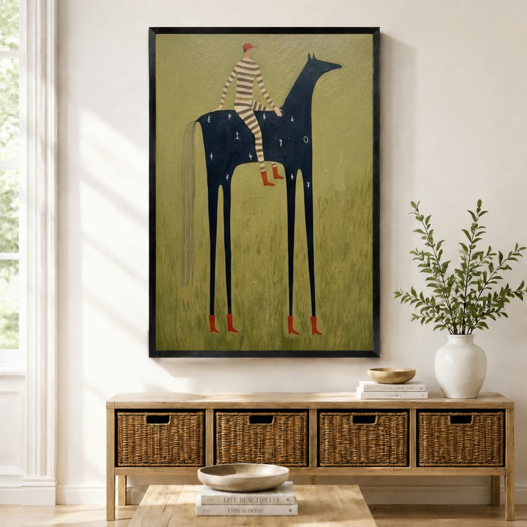Framed whimsical folk art painting of a striped rider on a tall dark horse with red boots above a wicker basket storage console with white ceramic vases, stacked coffee table books, and a wooden bowl in a warm minimal entryway