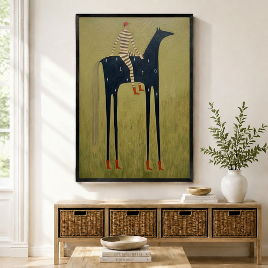 Framed whimsical folk art painting of a striped rider on a tall dark horse with red boots above a wicker basket storage console with white ceramic vases, stacked coffee table books, and a wooden bowl in a warm minimal entryway