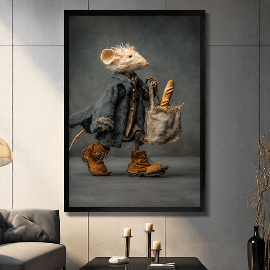 Whimsical dressed mouse carrying baguette art print in black frame displayed in modern living room, quirky 3D character wall decor