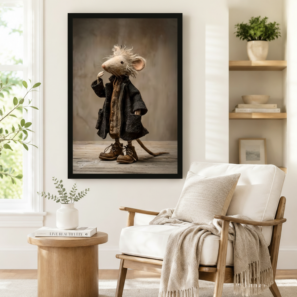 Framed whimsical mouse wearing a dark coat and lace-up boots art print beside a linen armchair in a Scandinavian reading nook – funny animal portrait wall decor