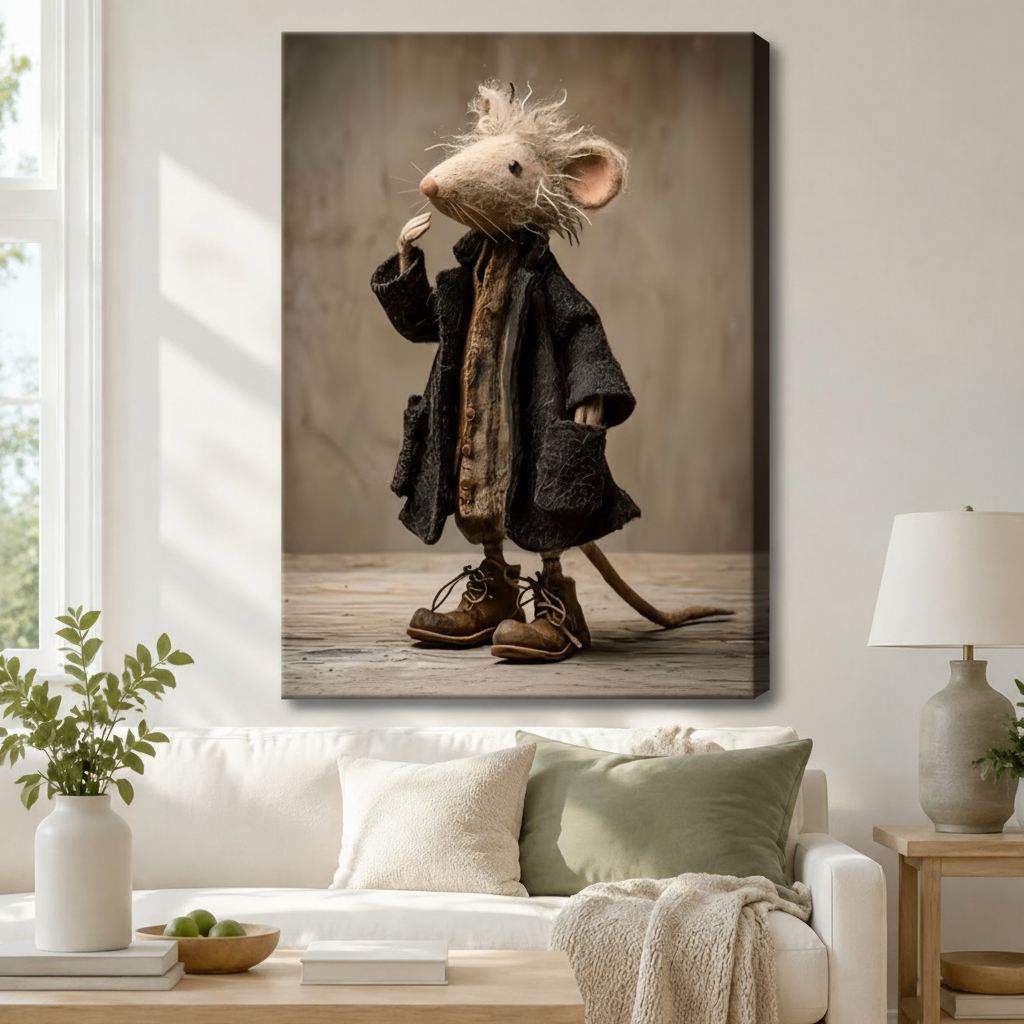 Gallery-wrapped canvas of a whimsical dressed mouse in oversized dark coat and boots hung above a white sofa – quirky animal character wall art for living room