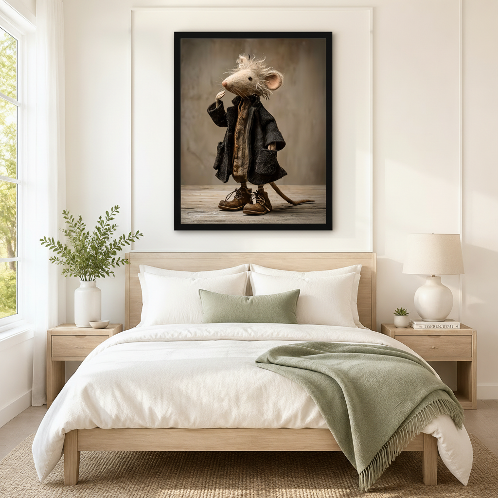 Black-framed whimsical dressed mouse in oversized coat and leather boots art print above a neutral minimalist bedroom bed – funny animal character wall art decor