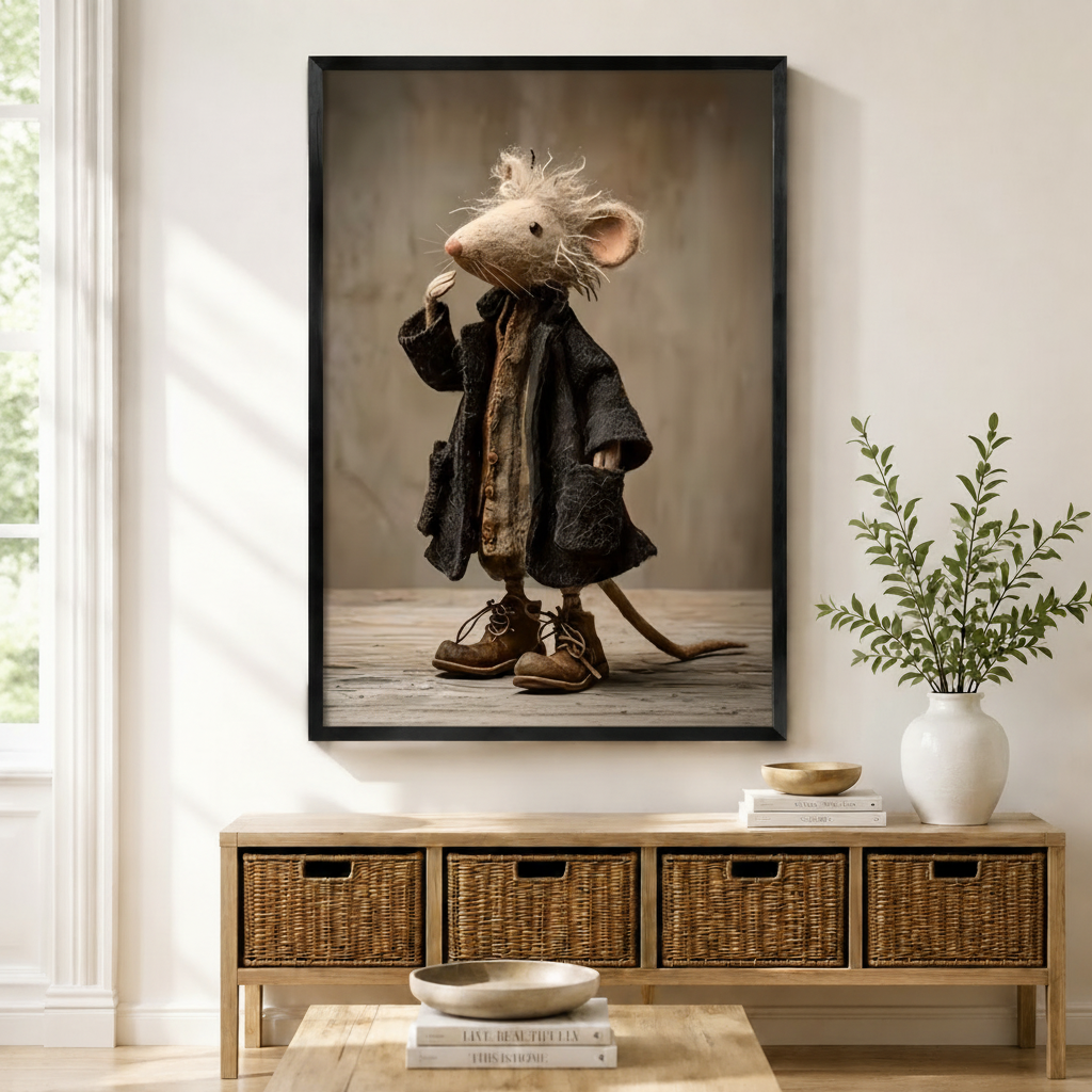 Black-framed whimsical mouse in dark coat and leather boots wall art poster above a wicker storage console – funny animal character print home decor