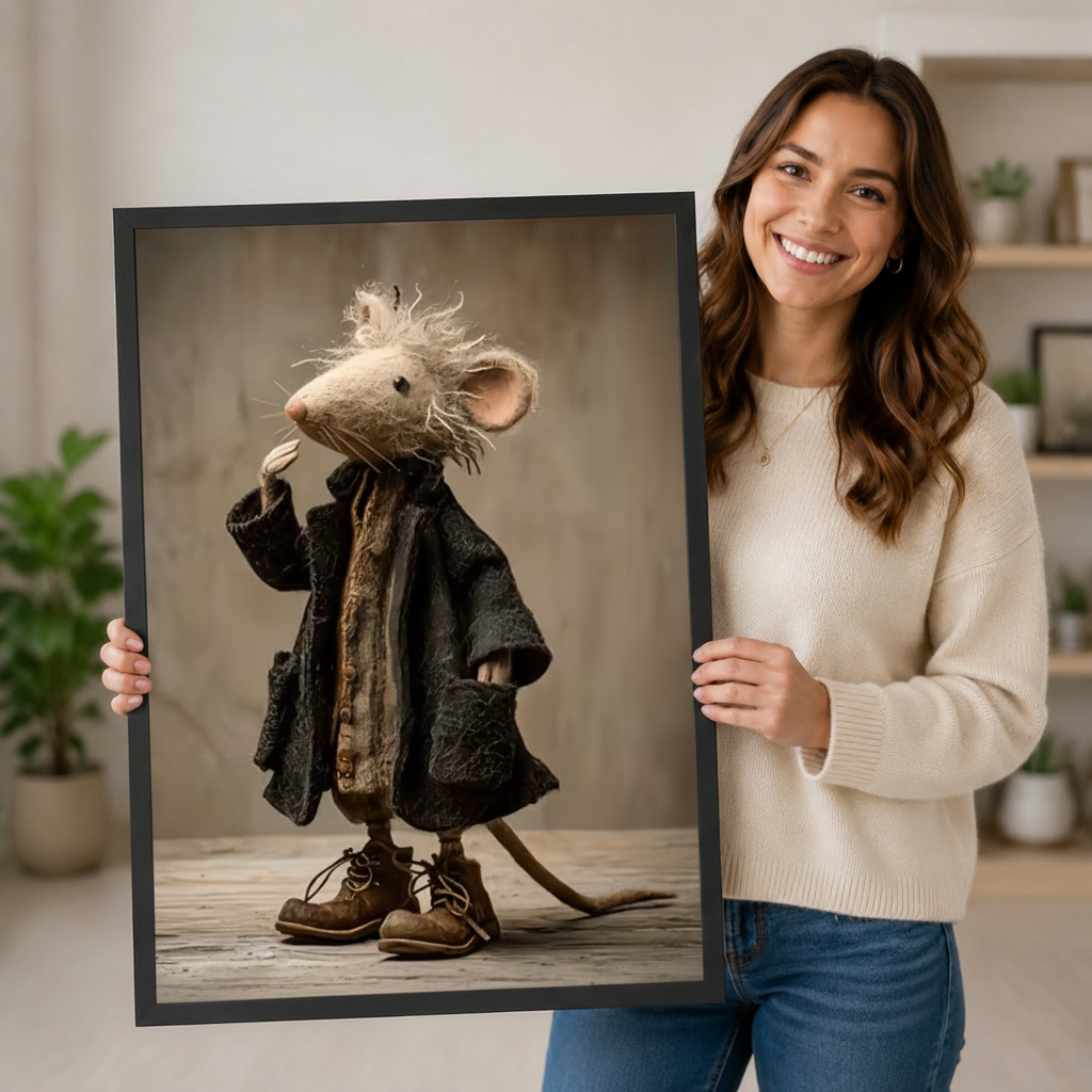 Smiling woman holding a large black-framed whimsical mouse in dark coat and boots art print – quirky animal character poster wall art gift idea