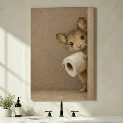 Gallery wrap stretched canvas of a cheeky brown mouse hugging a toilet paper roll on a warm beige textured background, humorous bathroom wall art displayed above a minimalist sink with black fixtures and greenery