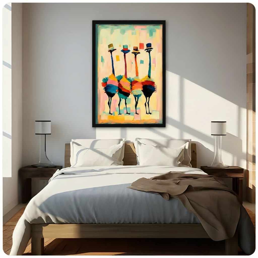 Four colorful ostriches wearing top hats framed canvas wall art above bed in bright bedroom with white bedding and wooden nightstands