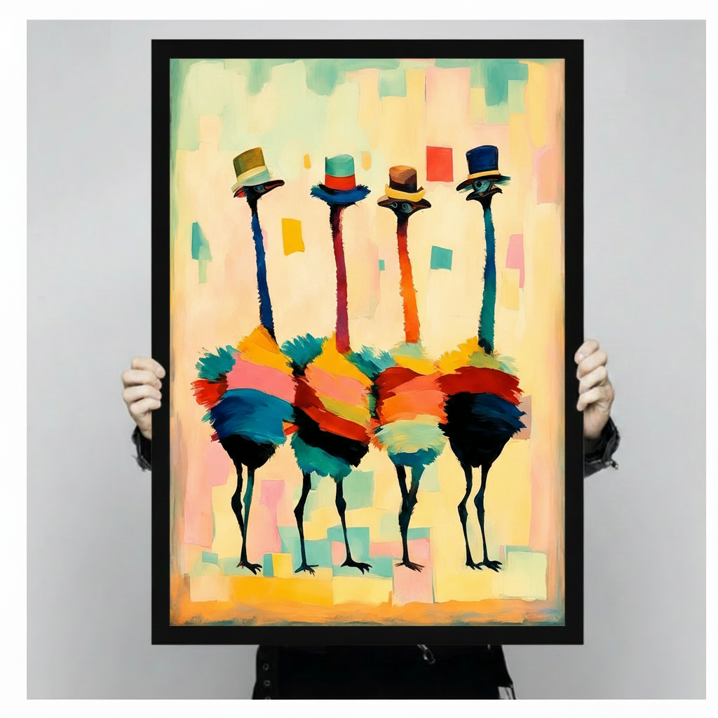 Person in black holding up framed canvas print of four colorful ostriches wearing top hats against neutral gray background showing artwork scale