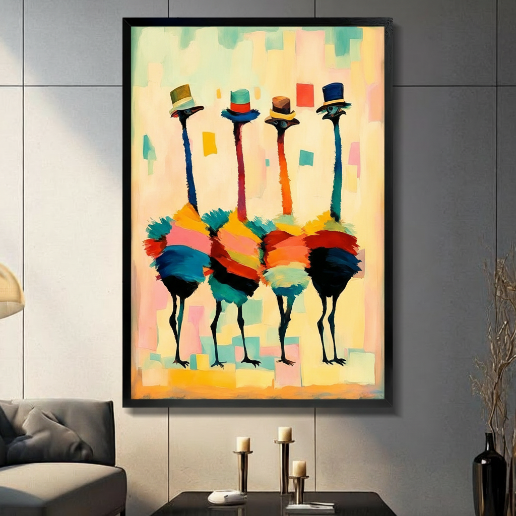 Four colorful ostriches in top hats black float frame canvas wall art on dark gray tile wall above console table with candles and dried botanicals