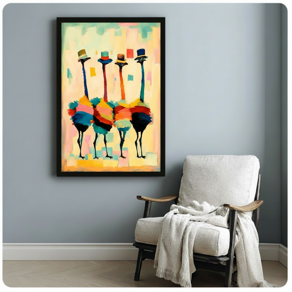 Four colorful ostriches in top hats black framed canvas wall art on blue-gray wall beside white linen armchair with wooden arms and throw blanket