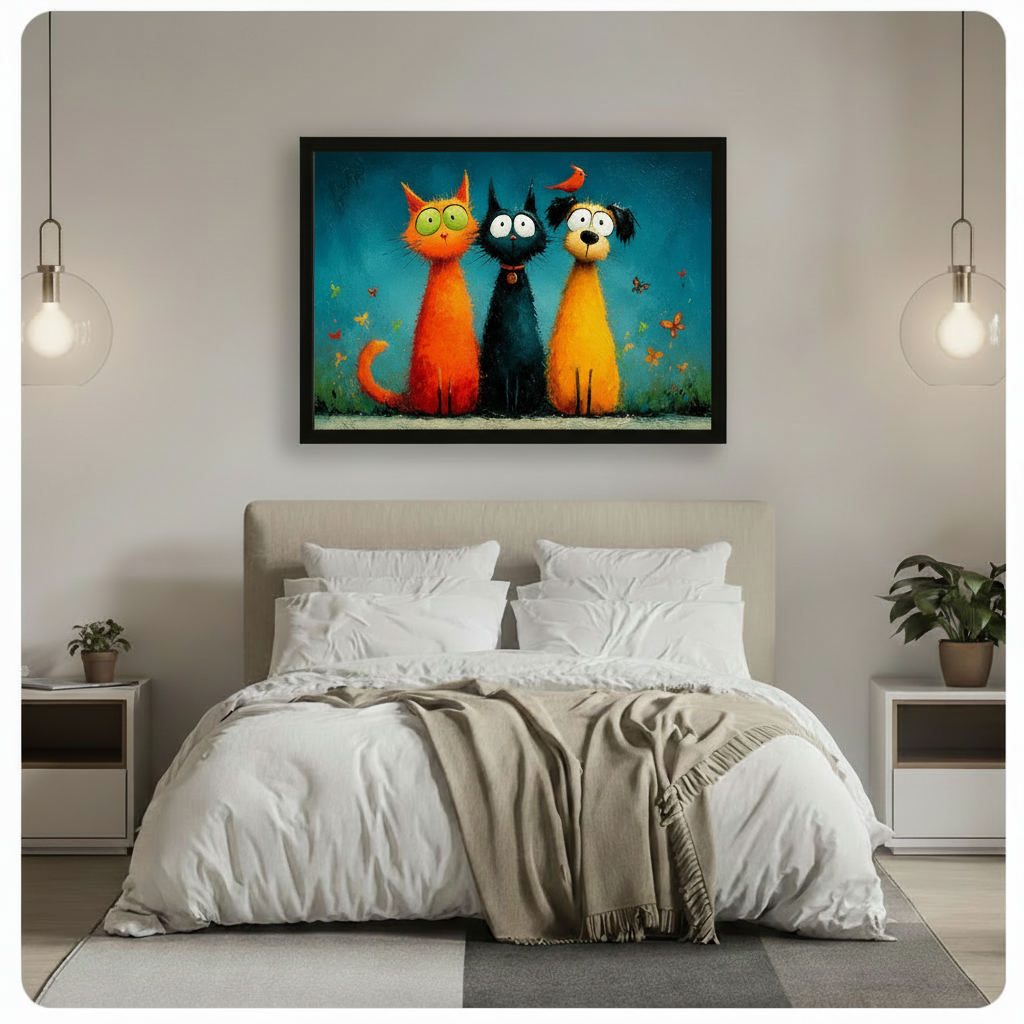 Whimsical cat and dog trio with red bird framed canvas wall art above white bed in minimalist neutral bedroom with glass globe pendant lights