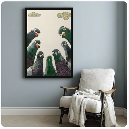 Black framed humorous pigeon flock canvas art with expressive big eyes and decorative cloud motifs, displayed on a blue-gray wall beside a white linen armchair draped with a cream throw blanket