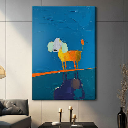 Unframed canvas print of a colorful abstract poodle in orange and yellow with a dark purple reflection on a vibrant blue oil-textured background, hung in a contemporary grey living room