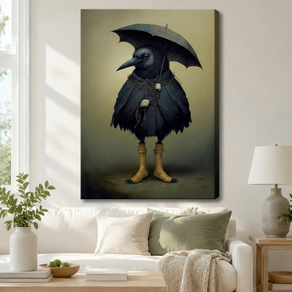 Whimsical black raven with umbrella and boots gallery wrap canvas above white sofa — moody gothic bird wall art