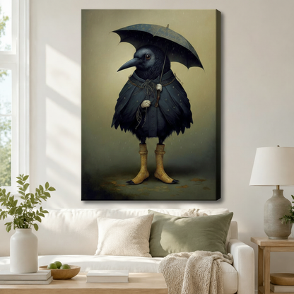 Whimsical black raven with umbrella and boots gallery wrap canvas above white sofa — moody gothic bird wall art
