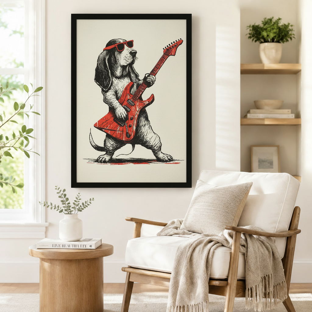 black framed funny retro dog guitar player sketch art beside a white upholstered armchair with a linen throw blanket, round solid wood side table with a coffee table book, and open shelving with potted greenery in a bright reading nook