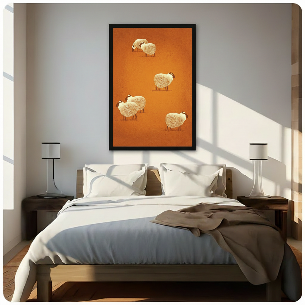 Whimsical sheep illustration black framed canvas wall art above bed in bright bedroom with warm sunlight boho farmhouse decor