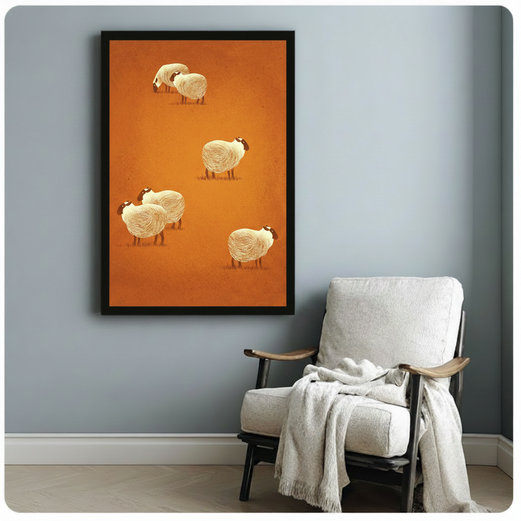 Whimsical sheep illustration black framed canvas wall art above white armchair on light gray wall boho decor