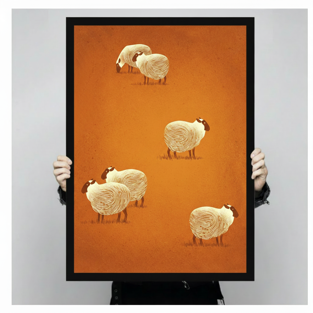 Person holding whimsical sheep illustration black framed canvas wall art size reference warm orange background