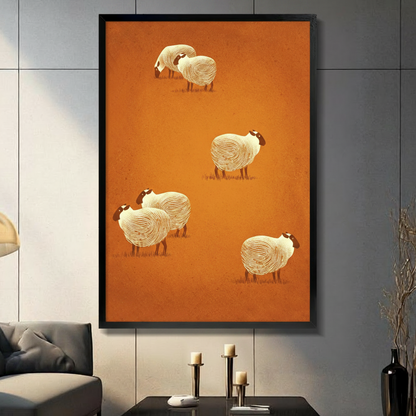 Whimsical sheep illustration framed canvas wall art displayed in modern living room with gray tile wall and candlesticks