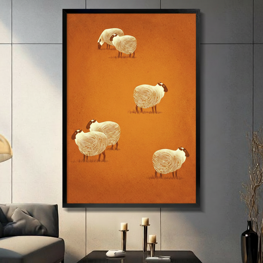 Whimsical sheep illustration framed canvas wall art displayed in modern living room with gray tile wall and candlesticks