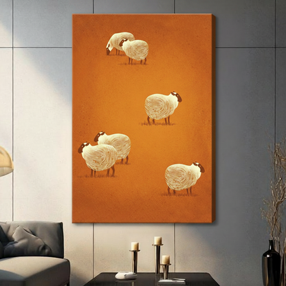 Whimsical sheep illustration frameless stretched canvas wall art displayed in modern living room with gray tile wall and candlesticks
