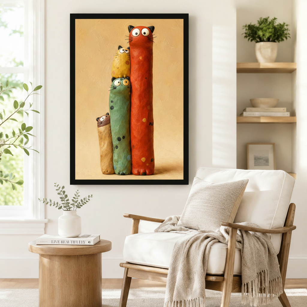 Playful framed wall art print of three tall cartoon cats in earthy red, green, and tan clustered together with big googly eyes, styled beside a linen armchair in a cozy Scandinavian reading nook