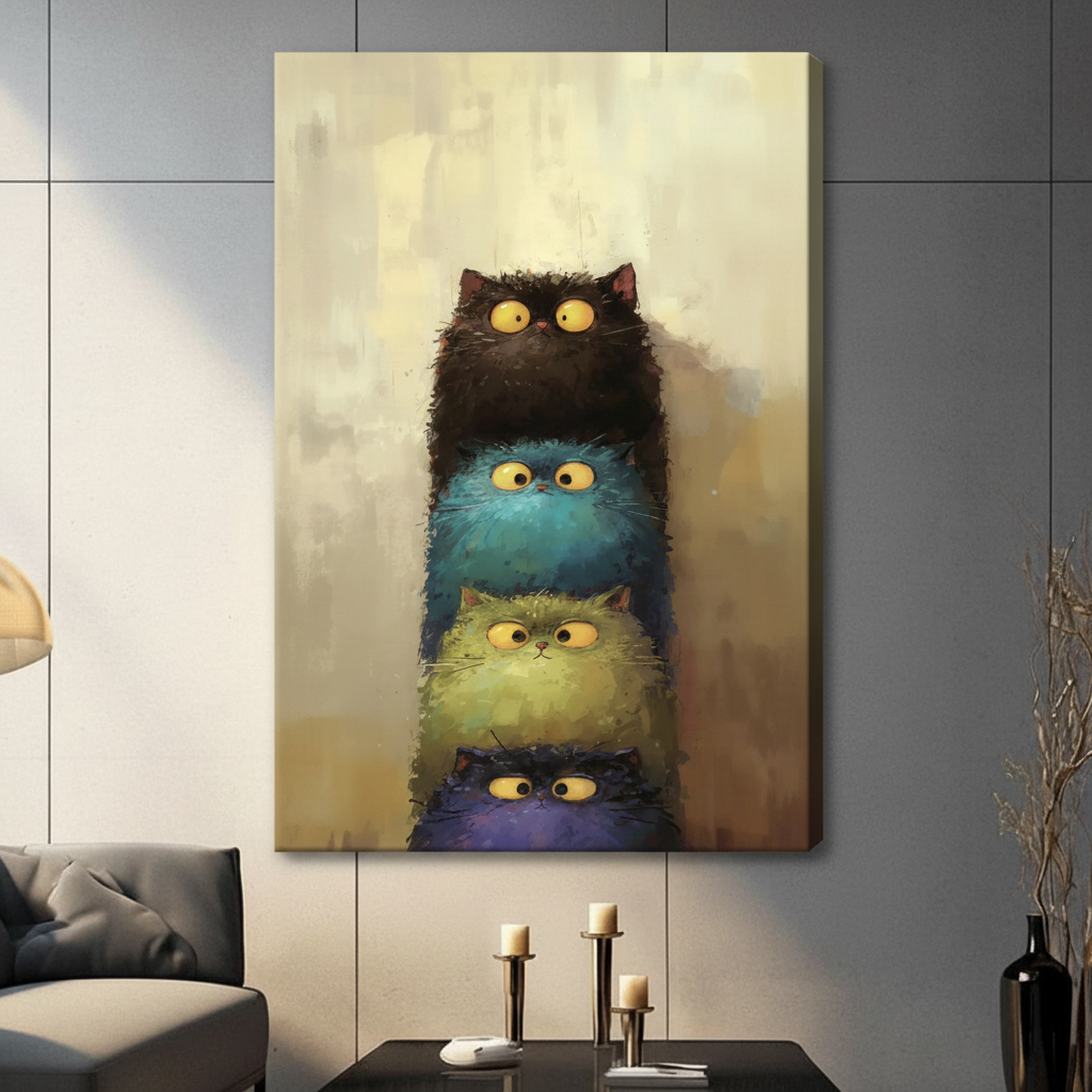 Stretched canvas whimsical stacked fluffy cats with big yellow eyes wall art featuring four plump shaggy cats stacked in a vertical tower from dark chocolate brown at the top through teal yellow-green and deep purple at the base each with wide round startled yellow eyes and wild textured fur in atmospheric oil-paint style against a warm golden amber brushstroke background, hung on a gray panel wall above a dark gray sofa