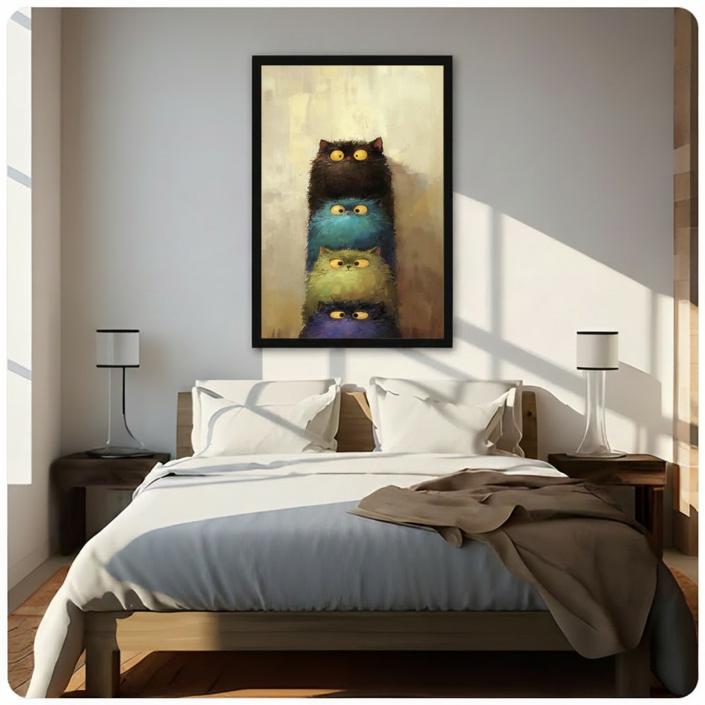 Black framed whimsical stacked fluffy cats with big yellow eyes canvas art with four round chubby cats piled in a vertical tower from dark brown at the top through teal yellow-green and deep purple at the base each with wide startled yellow eyes and shaggy textured fur in moody oil-paint style against a warm golden amber brushstroke background, hung above a dark wood bed with white linen bedding in a sunlit bedroom