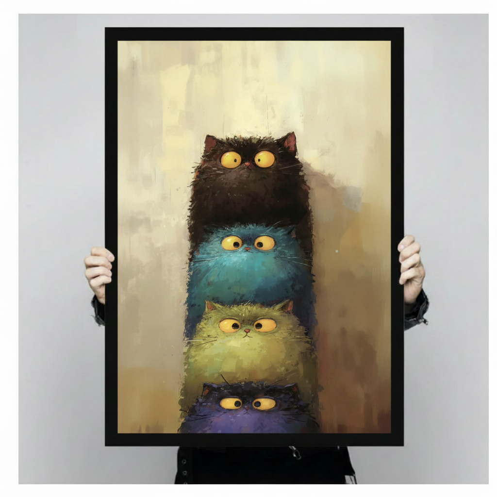 Hands holding a large black framed whimsical stacked fluffy cats with big yellow eyes canvas art print with four plump shaggy cats stacked vertically in dark chocolate brown teal yellow-green and deep purple each with wide round startled yellow eyes and wild textured fur in bold moody oil-paint style against a warm golden amber brushstroke background