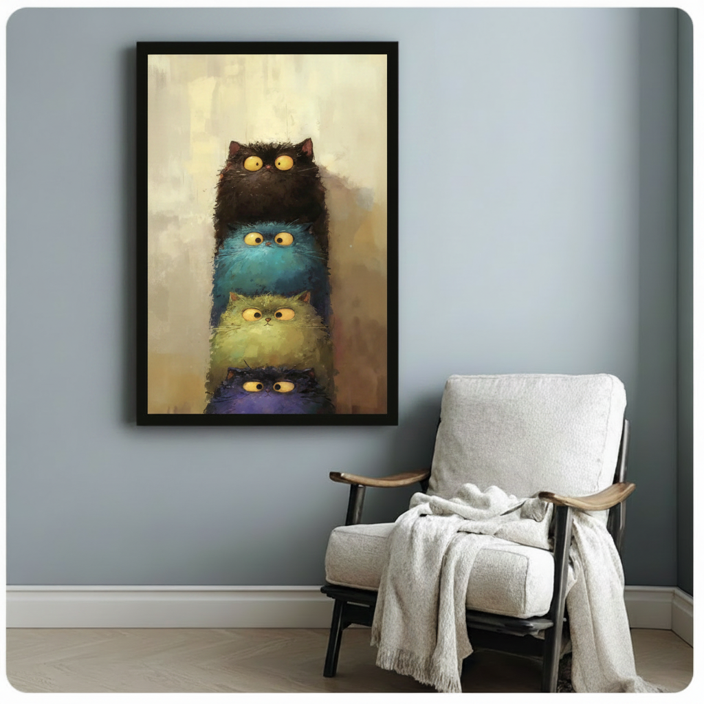Black framed whimsical stacked fluffy cats with big yellow eyes canvas art showing four round chubby shaggy cats piled in a vertical stack in dark brown teal yellow-green and deep purple each with wide startled yellow eyes and wild textured fur in moody atmospheric oil-paint style against a warm golden amber brushstroke background, displayed beside a white linen wood-frame folding chair with a cream throw