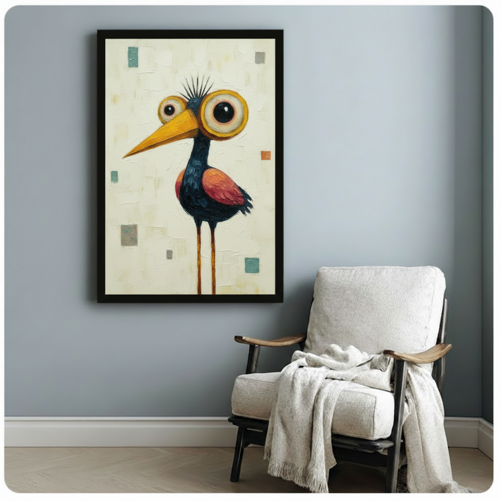 Black framed folk art style bird print with giant yellow-rimmed eyes and long orange legs, styled above a linen accent chair