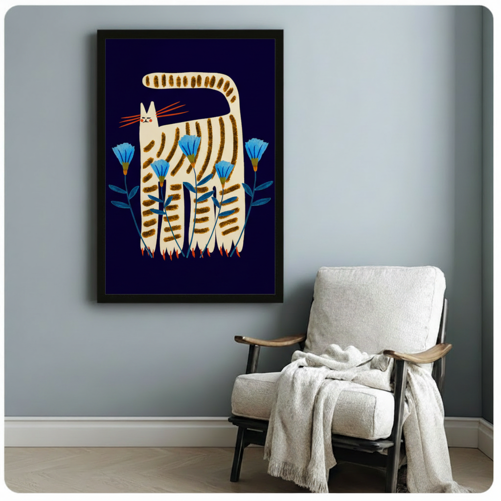 Whimsical folk art striped cat framed print — cream tabby with orange whiskers and blue cornflowers on dark navy, hung above a linen armchair in a cozy reading nook