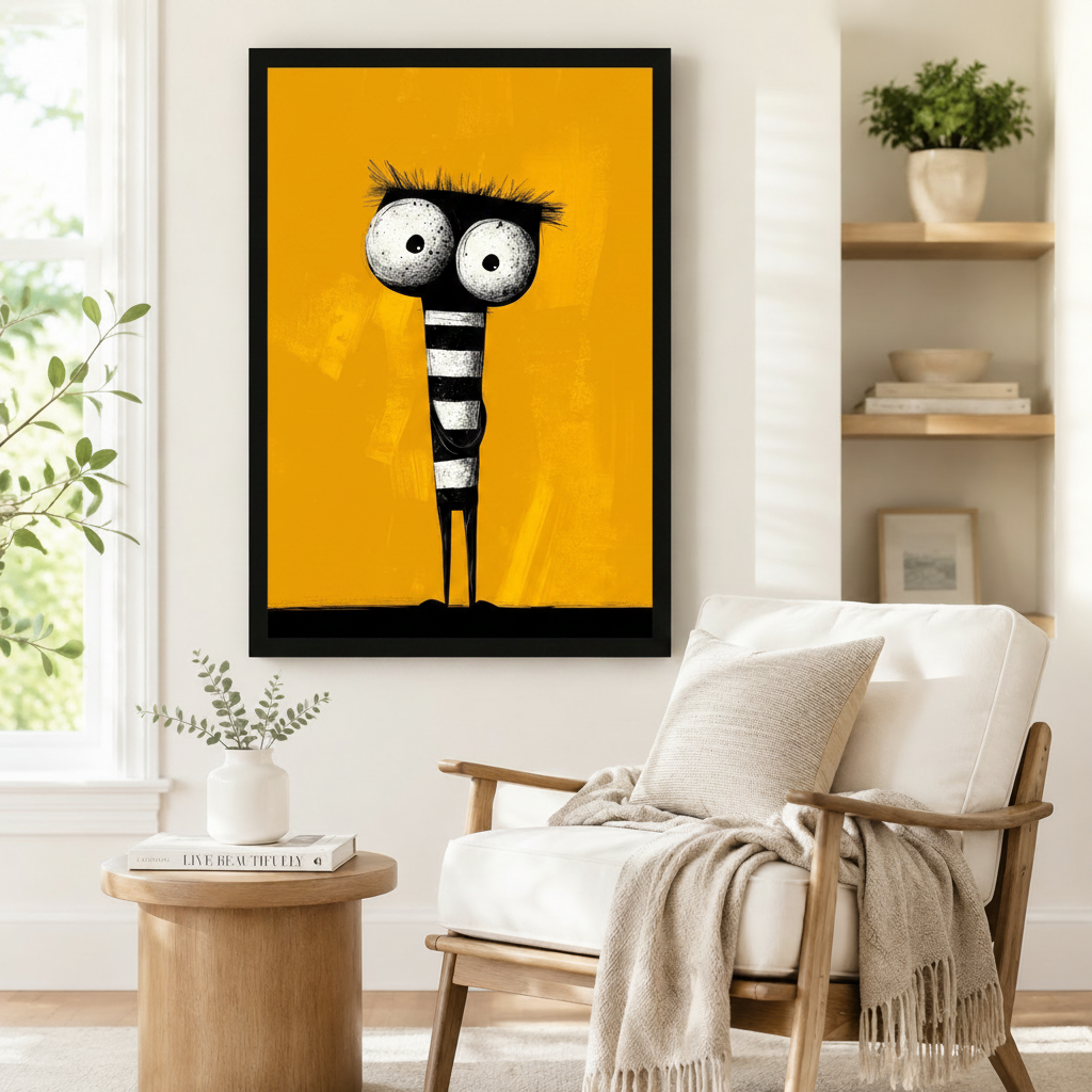 Bold framed wall art print of a quirky wide-eyed cartoon creature with spiky brows and a black-and-white striped torso on a mustard yellow background, styled beside a linen armchair in a cozy Scandinavian reading corner