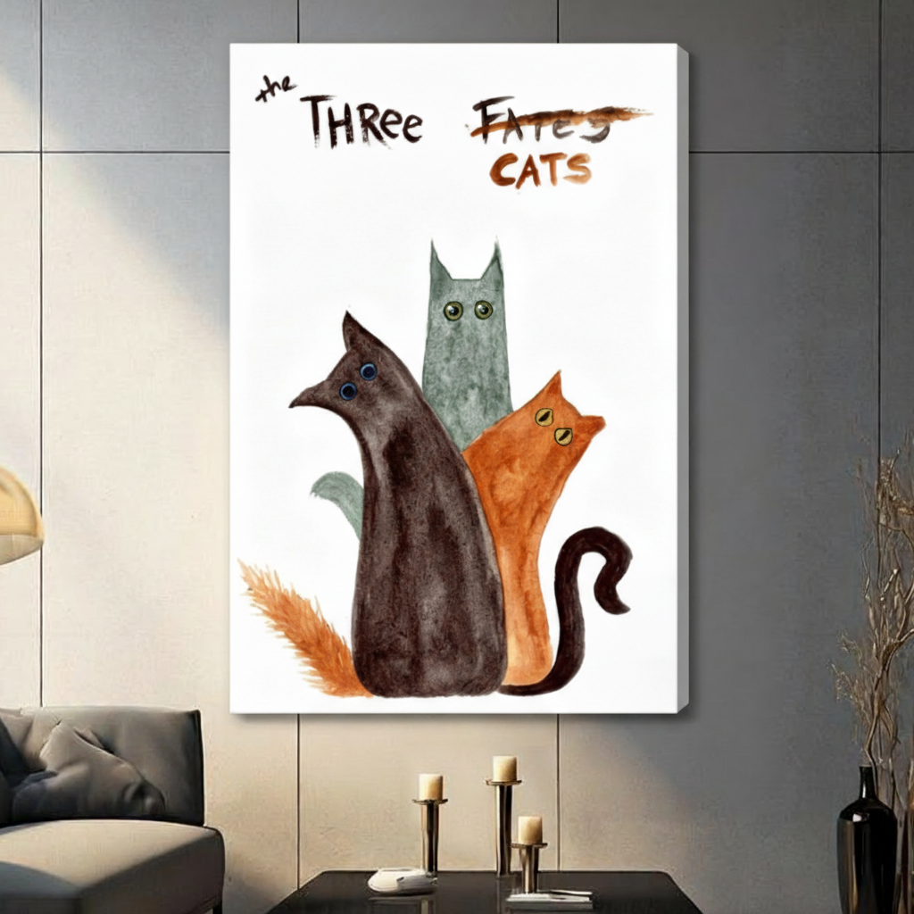 Stretched canvas whimsical The Three Cats watercolor wall art featuring a dark brown cat a tall slender teal-gray cat and a rust orange cat grouped together with wide quirky eyes and bold hand-lettered The Three Fates crossed out Cats title in loose expressive watercolor style on a white background, hung on a gray panel wall above a gray sofa