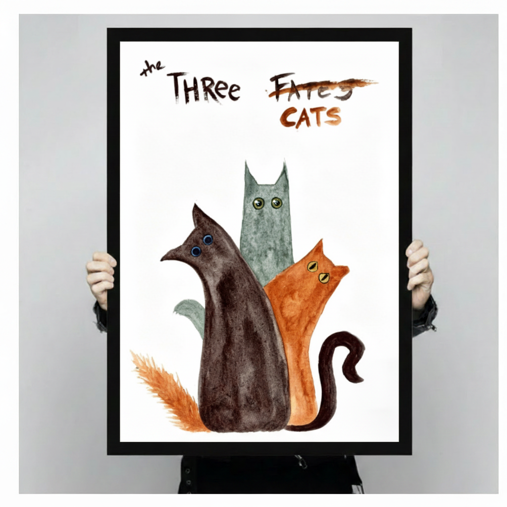 Hands holding a large black framed whimsical The Three Cats watercolor canvas art print with a dark brown cat a tall teal-gray cat and a rust orange cat with wide expressive eyes and bold hand-lettered The Three Fates crossed out Cats title in loose watercolor style on a white background