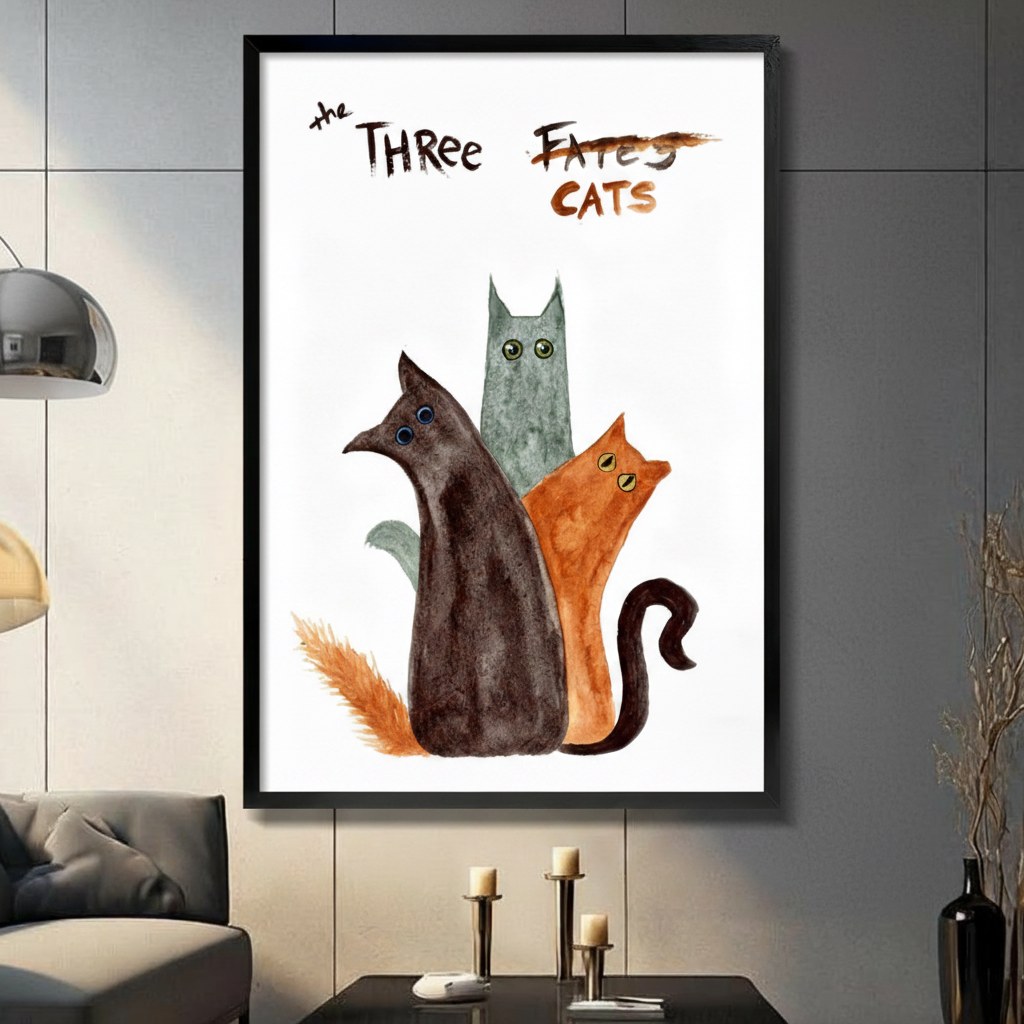 Black framed whimsical The Three Cats watercolor canvas art with a dark brown cat a tall teal-gray cat and a rust orange cat grouped together with wide expressive eyes and bold hand-lettered The Three Fates crossed out Cats title on a clean white background, hung on a dark gray panel wall above a gray sofa