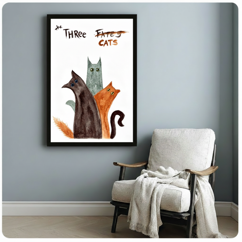 Black framed whimsical The Three Cats watercolor canvas art featuring a trio of cats in dark brown teal-gray and rust orange with wide quirky eyes grouped closely together with expressive hand-lettered The Three Fates crossed out Cats title in loose watercolor style on a white background, hung on a blue-gray wall beside a white linen folding chair